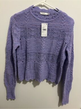 Lush Lilac cropped Openwork Crewneck Sweater